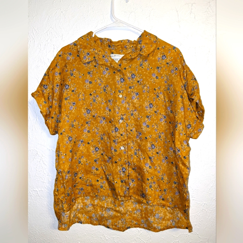 Rachel Zoe 100% Linen Hi-Lo Top Mustard Yellow Floral Women's Medium